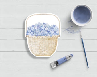Hydrangea Nantucket Basket Watercolor Sticker: Weatherproof Laptop Decal