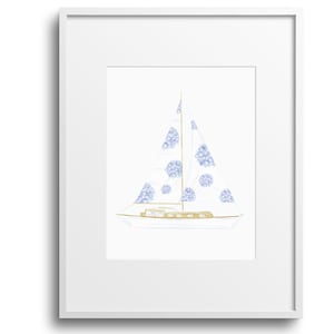 Impression d'art aquarelle voilier hortensia|Côtier|Maison à la plage|Impression maison|Maison de vacances|Nantucket|ACK|Cape Cod|Grand-mère côtière