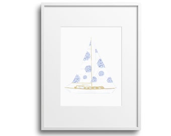 Hydrangea Sailboat Watercolor Art Print|Coastal|Beach House|Home Print|Vacation House|Nantucket|ACK|Cape Cod|Coastal Grandmother