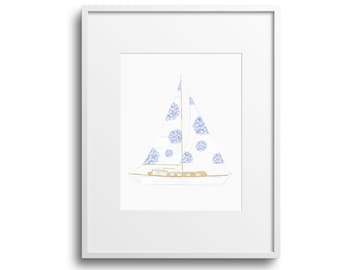 Hortensia zeilboot aquarel Art Print| Kust| Strandhuis| Home Print| Vakantiehuis| Nantucket| ACK| Cape Cod| Kustgrootmoeder