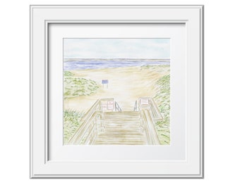 Chatham Lighthouse Beach Watercolor Art Print: Cape Cod Decor (8x10)