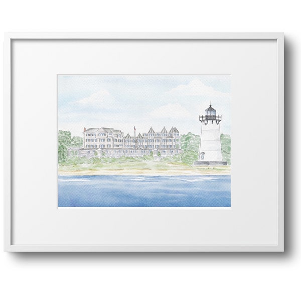 Harbor view Hotel and Edgartown Lighthouse Martha’s Vineyard Watercolor Print|Poster|Painting|Cape and Islands|Oak Bluffs Edgartown MA|