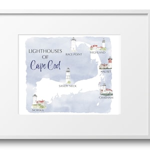 Cape Cod Karte der Leuchttürme Aquarell Kunstdruck|Küste|Strandhaus|Home Print|Ferienhaus|Nantucket||ACK|Wandkunst|Kap und Inseln