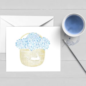 Panier Nantucket hortensia avec carte Notecard Note Card|Aquarelle|Carte de voeux|Papeterie nautique|Cape Cod|Cadeau Nantucket|Carte de remerciement