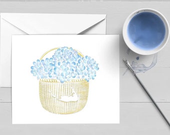 Hydrangea Nantucket Basket Note Card: Watercolor Nautical Stationery
