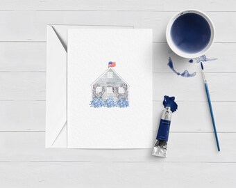 Tarjeta de acuarela de la cabaña de Nantucket: papelería náutica de Cape Cod