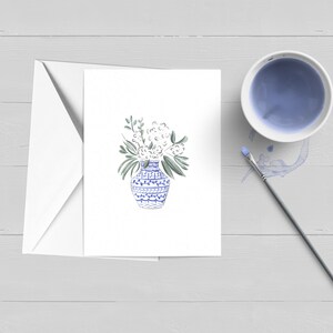 Coastal Ginger Jar White Hortensia Carte de vœux|Cape Cod|Marthas Vineyard|Nantucket|Papeterie|Notecard|Aquarelle|Hortensias|Floraux