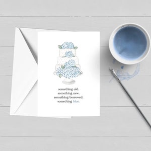 Gâteau de mariage hortensia quelque chose de bleu carte de mariage|Aquarelle|Carte de voeux|Papeterie nautique|Cape de morue|Cadeau Nantucket|Douche nuptiale