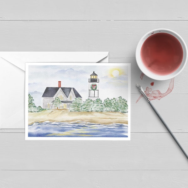 Sandy Neck Lighthouse  at Christmas Greeting Card |Cape Cod Art|Poster|Print|Watercolor|Gift|Stationery|New England Christmas| Barnstable