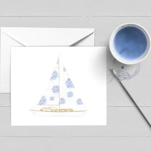 Carte de correspondance de voiliers côtiers hortensias|Aquarelle|Carte de voeux|Papeterie|Cape Cod|Cadeau Nantucket|Impression Nantucket|Art Nantucket