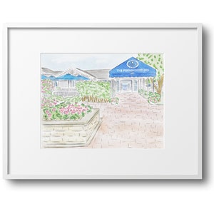 May include: Watercolor painting of a white building with a blue awning that reads "The Poponsett Inn 1881". The building has a brick walkway leading to the entrance. There are green bushes and pink flowers in front of the building.