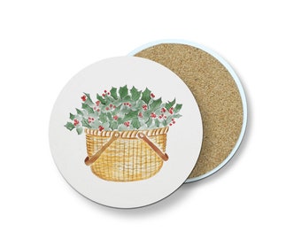Nantucket Basket Holly Christmas Stone Coaster Set
