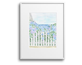 Ocean Hydrangeas Watercolor Art Print|Cape Cod|Poster|Painting|Decor|Cape and Islands|MAGift|Map|Painting|Cape Cod Gifts