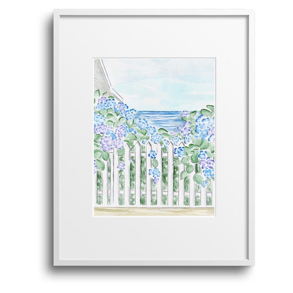 Ocean Hydrangeas Watercolor Art Print|Cape Cod|Poster|Painting|Decor|Cape and Islands|MAGift|Map|Painting|Cape Cod Gifts