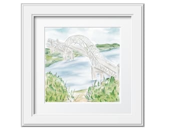 May include: A watercolor painting of a bridge over a body of water. The bridge is gray and has a curved arch. The water is blue and there are green trees on either side of the bridge.