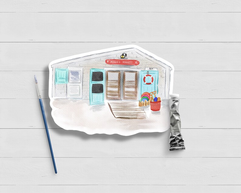 May include: A watercolor illustration of a beach market with a red sign that says "Beach Market". The market has a blue door and two windows. There are beach toys and a red bucket in front of the market.