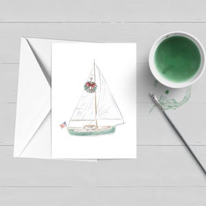 Weihnachts-Segelboot-Feiertags-Gruß-Karte | Küsten Weihnachten | Aquarell Karte | Cape Cod | Nähgarn | Weihnachtskarte |