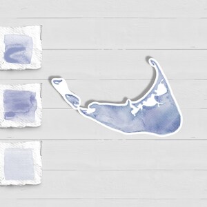 May include: Three watercolor illustrations of a small island, each with a white border and a light blue watercolor wash. The illustrations are arranged vertically on a white wood background.