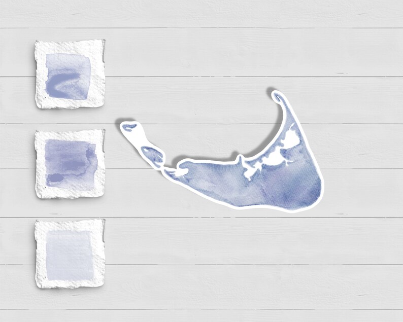 May include: Three watercolor illustrations of a small island, each with a white border and a light blue watercolor wash. The illustrations are arranged vertically on a white wood background.