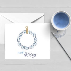 de voeux pour les Fêtes de guirlande d'huîtres | Noël côtier | Aquarelle | Cap Cod | Nantucket | Carte Pour Les Fêtes |