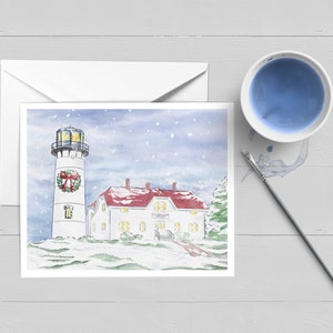 Phare de Chatham à la carte de voeux de Noël | Art de Cape Cod | Décoration murale | Affiche | Impression | Aquarelle | Cadeau | Papeterie | Noël de la Nouvelle-Angleterre/