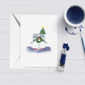 Cartão de Natal do barco trenó do Papai Noel náutico | Aquarela | Artigos de papelaria de Natal | Cartão de felicitações de Natal | Natal náutico do Papai Noel