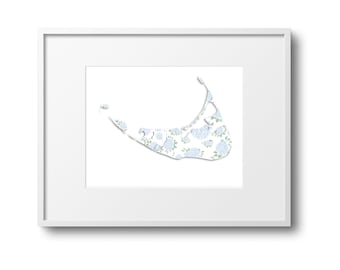 Nantucket Hydrangea Map Art Print: Coastal Watercolor Wall Art