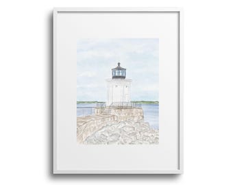Impresión artística de acuarela de Bug Light, South Portland, Maine/Regalo de Maine/Nueva Inglaterra/Decoración de pared