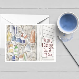 Carte de souhaits de bouée de homards indigènes| Cape Cod| Nantucket| Papeterie| Jeu de cartes en boîte| Carte unique| Cadeau| Cape&Islands| Vide| Remarque | Peinture d’hortensia|