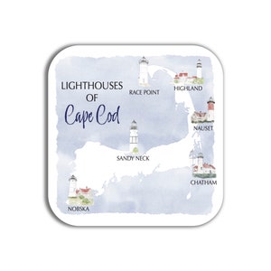 Carte des phares de Cape Cod Paper Coaster Set| Art| Affiche| Peinture| Décor| Cap et îles| MA| Cadeau Cape Cod| Carte| Peinture| Cadeaux Cape Cod