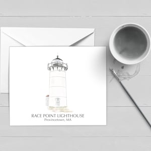 Carte de note du phare de Race Point à Cape Cod| Provincetown| Art| Décor mural| Affiche| Imprimer| Aquarelle| Cadeau| Papeterie| Nouvelle-Angleterre| Carte| Peinture