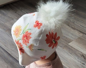 Baby girl pom pom hat - toddler girl pom pom hat - sweater hat with earflaps - floral hat -