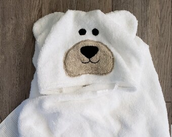 Hooded towel, personalized towel, white polar bear towel,hooded beach towel,hooded bear towel toddler,hooded animal towel,white bear towel