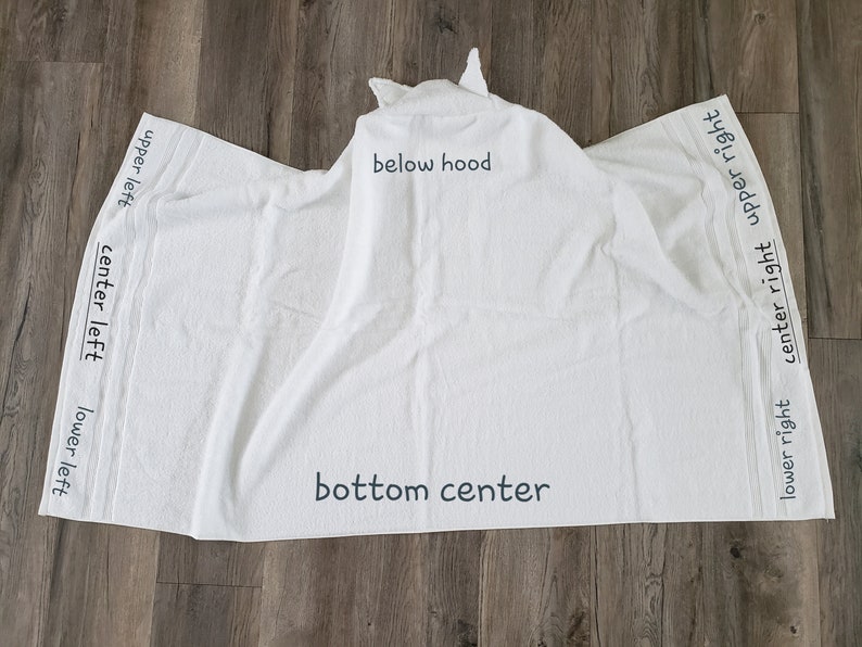 Op de afbeelding: Witte badhanddoek met capuchon en een getextureerd oppervlak. De handdoek heeft een capuchon met puntige oren. De woorden "upper left", "center left", "lower left", "bottom center", "below hood", "lower right", "center right" en "upper right" staan op de handdoek.