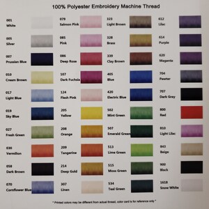 Op de afbeelding: Een kleurenkaart voor 100% polyester borduurgaren. De kaart toont een verscheidenheid aan garenkleuren, waaronder wit, roze, blauw, groen en bruin. De tekst bovenaan luidt "100% Polyester Embroidery Machine Thread."