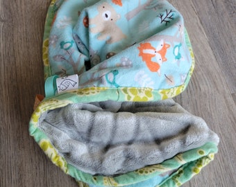 Baby lovey. Baby sensory blanket. Baby boy security blanket. Baby boy take along. Minky lovey. Woodland animals. Baby stocking stuffer