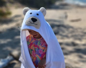 Personalized White Polar Bear Hooded Towel: Handmade Cotton Kids Bath Towel