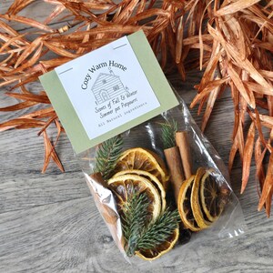 May include: A clear cellophane bag filled with dried orange slices, cinnamon sticks, and evergreen sprigs. A small green label reads "Cozy Warm Home" and "Scents of Fall & Winter Simmer pot Potpourri". The background features dried brown leaves.