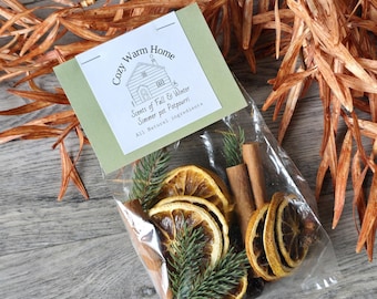 Puede incluir: Una bolsa transparente de celofán llena de rodajas de naranja secas, palitos de canela y ramitas de hoja perenne. Una pequeña etiqueta verde dice "Cozy Warm Home" y "Scents of Fall & Winter Simmer pot Potpourri".