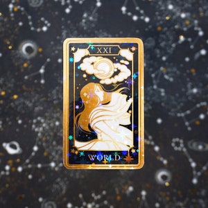 Carte de tarot du monde | Arcanes majeurs | Stickers vinyles holographiques révélateurs de bonne aventure