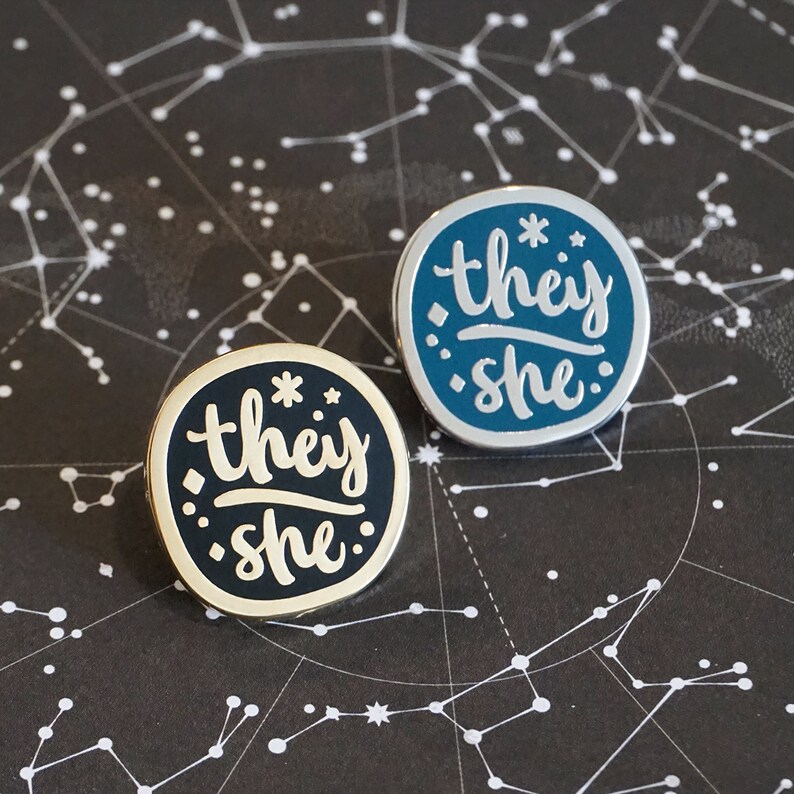 They / She Silver ver. Starry Pronouns Hard Enamel Pin LGBTQIA Pride Community image 4