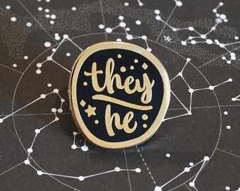 They / He (Gold ver.) | Starry Pronouns Hard Enamel Pin | LGBTQIA Pride Community