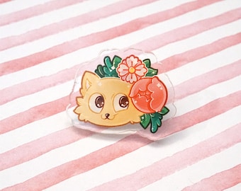 Floral Cat | Cute Acrylic Pin | Kawaii Aesthetic | Neko & Cherry Blossom Roses