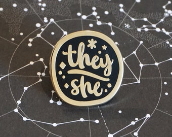 They / She (Gold ver.) | Starry Pronouns Hard Enamel Pin | LGBTQIA Pride Community