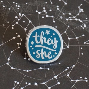 They / She Silver ver. Starry Pronouns Hard Enamel Pin LGBTQIA Pride Community image 1