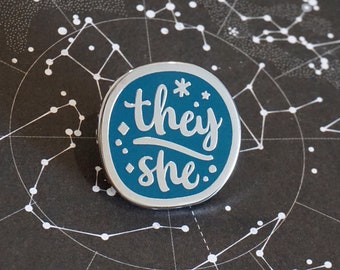 They / She (Silver ver.) | Starry Pronouns Hard Enamel Pin | LGBTQIA Pride Community