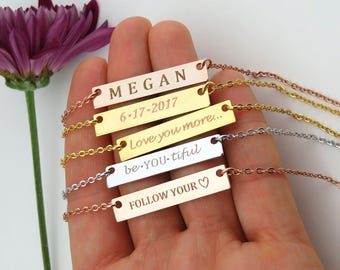 Bar Necklace Personalized, Custom Name Plate Necklace, Engraved Gold Bar Necklace, Custom Name Necklace, Silver, Rose, Gold Monogram