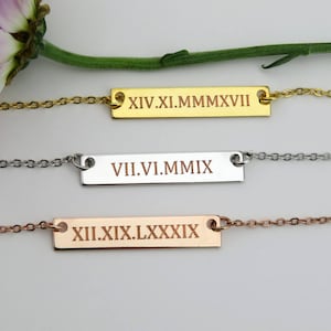Roman Numeral Necklace, Nameplate Necklace, Personalized Bar, Layering