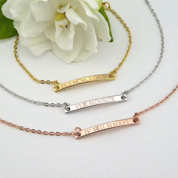 Pulsera numeral romana, pulsera grabada, pulsera de bar personalizado, pulsera de fecha, pulsera de barra de oro, fecha de boda, fecha de aniversario,