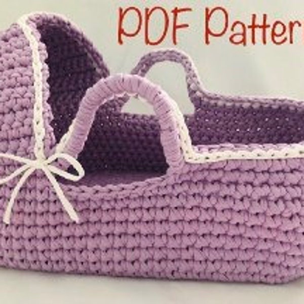 18" Baby Doll moses basket Crochet pattern DIY Reborn baby basket Tutorial Bassinet pattern Christmas gift ideaT-shirt yarn Baby shower gift